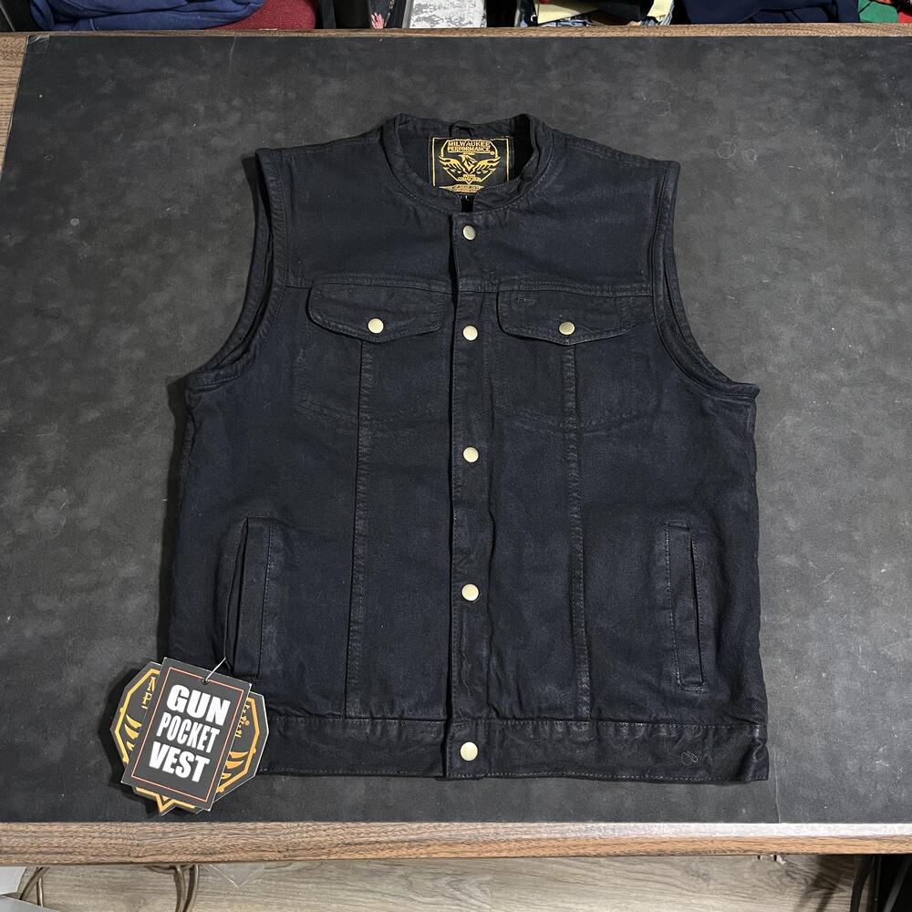 Milwaukee Performance Vest Mens Large Black Denim Gun Pocket Biker DM-2238-BK
